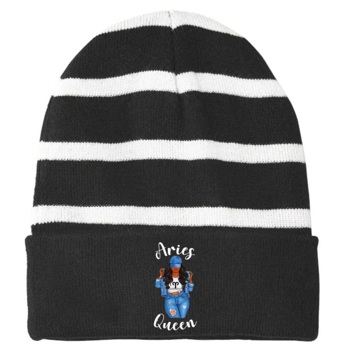 Streetwise Aries Black Queen Afro Wo Zodiac Birthday Striped Beanie with Solid Band