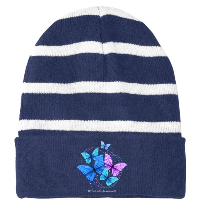 Suicide Awareness Butterfly Striped Beanie with Solid Band