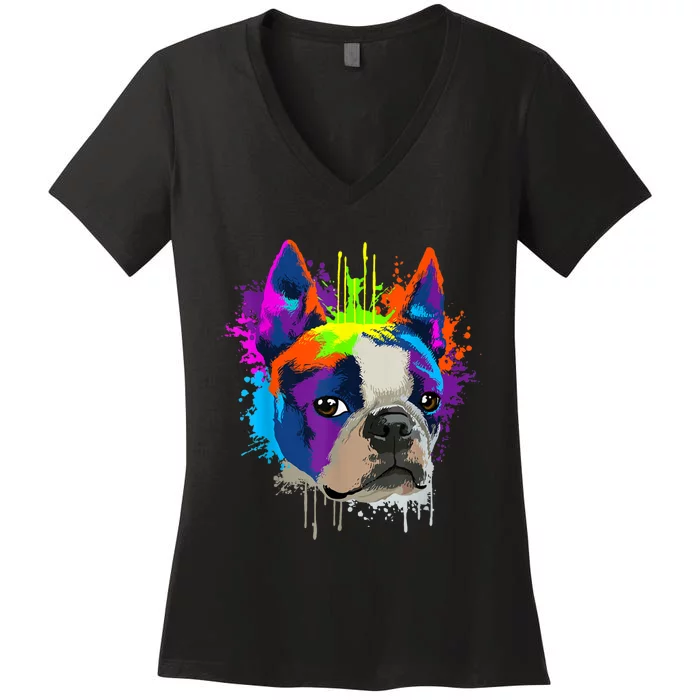 Splash Art Boston Terrier Dog Owner Gift Idea Dog Women's V-Neck T-Shirt