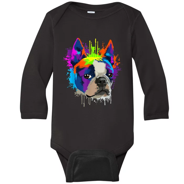 Splash Art Boston Terrier Dog Owner Gift Idea Dog Baby Long Sleeve Bodysuit