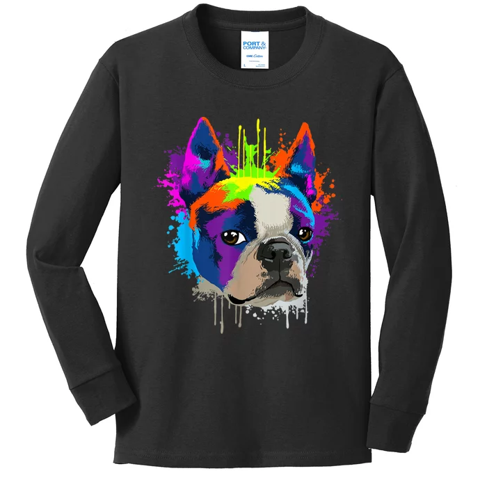 Splash Art Boston Terrier Dog Owner Gift Idea Dog Kids Long Sleeve Shirt