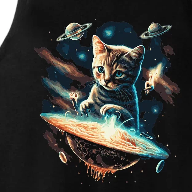 Space Astronaut Cat Ufo Planets Galaxy Kitty Ladies Tri-Blend Wicking Tank