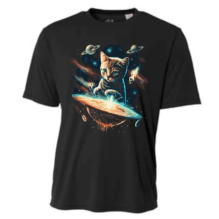 Space Astronaut Cat Ufo Planets Galaxy Kitty Cooling Performance Crew T-Shirt