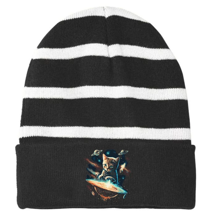 Space Astronaut Cat Ufo Planets Galaxy Kitty Striped Beanie with Solid Band