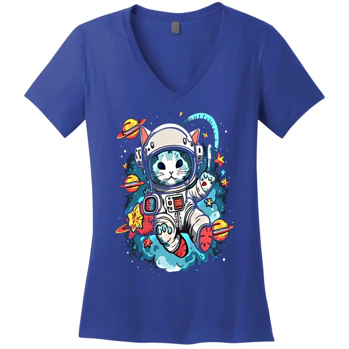 Space Astronaut Cat Astronomy Kitten Anime Neko Kawaii Gift Women's V-Neck T-Shirt