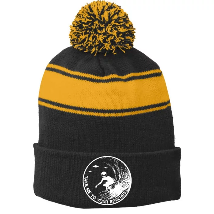 Surfing Alien Cool Surf Take Me To Your Beaches Stripe Pom Pom Beanie