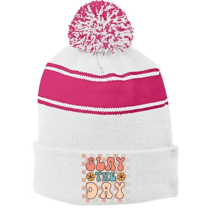 Slay All Day Gender Neutral Halloween Motivational Stripe Pom Pom Beanie