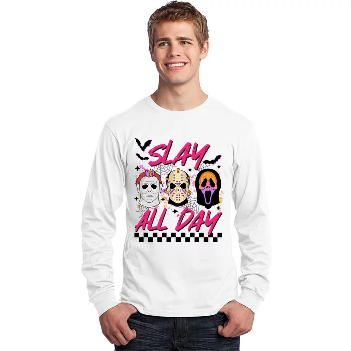 Slay All Day Jason Horror Characters And Ghostface Halloween Tall Long Sleeve T-Shirt