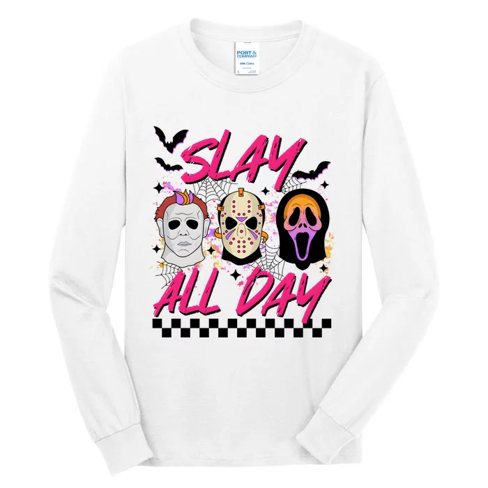 Slay All Day Jason Horror Characters And Ghostface Halloween Tall Long Sleeve T-Shirt