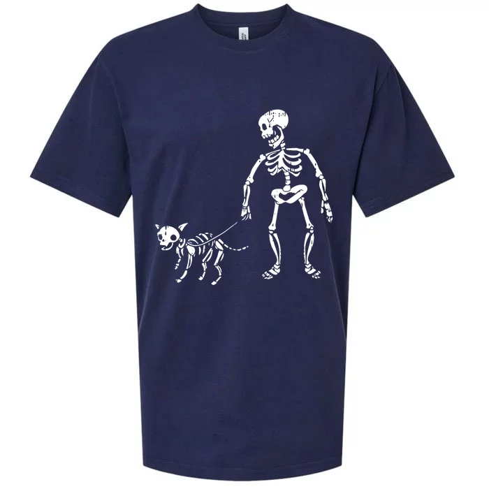 Skeleton And Dog Lazy Halloween Costume Funny Skull Pet Sueded Cloud Jersey T-Shirt