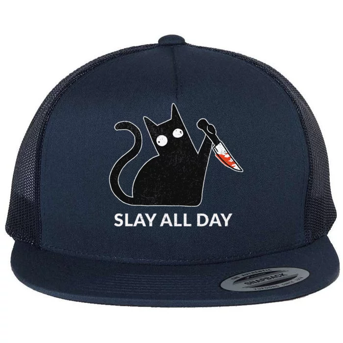 Slay All Day Halloween Cat Funny Flat Bill Trucker Hat