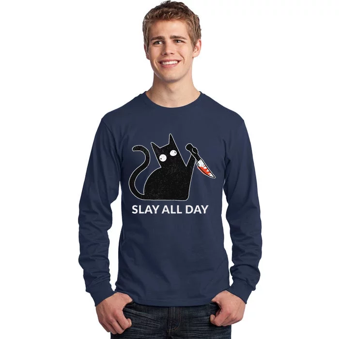 Slay All Day Halloween Cat Funny Tall Long Sleeve T-Shirt