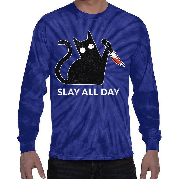 Slay All Day Halloween Cat Funny Tie-Dye Long Sleeve Shirt