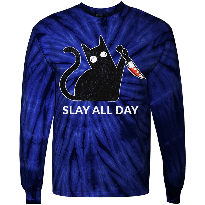 Slay All Day Halloween Cat Funny Tie-Dye Long Sleeve Shirt