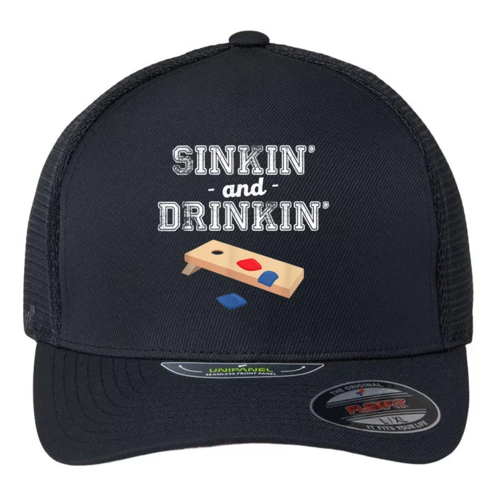 Sinkin' And Drinkin' Cornhole Playing Funny Flexfit Unipanel Trucker Cap