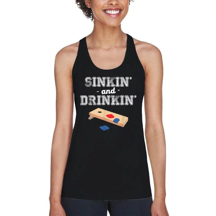 Sinkin' And Drinkin' Cornhole Playing Funny Women's Racerback Tank