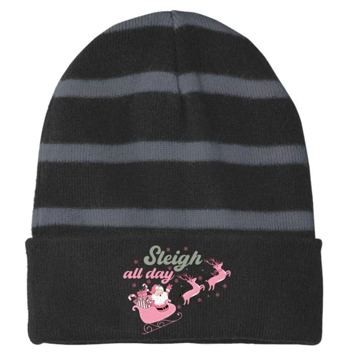 Sleigh All Day Cute Santa Christmas Holiday Striped Beanie with Solid Band