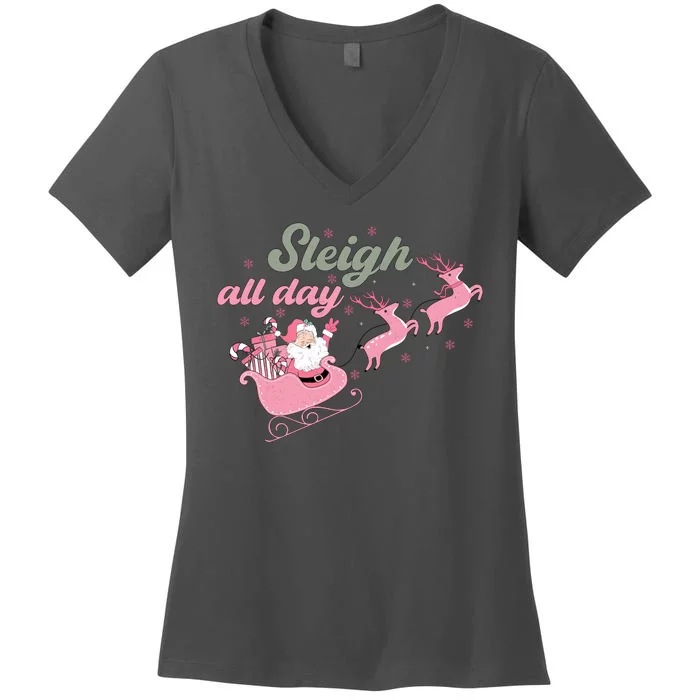 Sleigh All Day Cute Santa Christmas Holiday Women's V-Neck T-Shirt