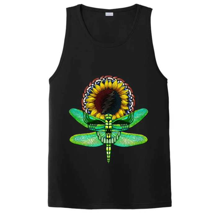 Sunflower And Dragonfly Skull Art Tribute To Michael Everett Performance Tank