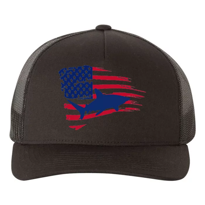 Shark American Flag Saltwater Fishing Deep Sea Fish Trip USA Yupoong Adult 5-Panel Trucker Hat