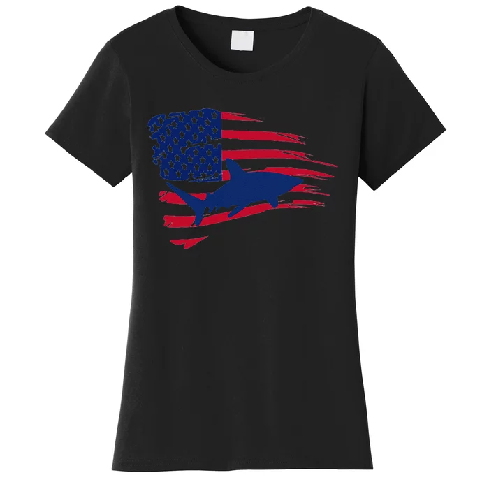 Shark American Flag Saltwater Fishing Deep Sea Fish Trip USA Women's T-Shirt