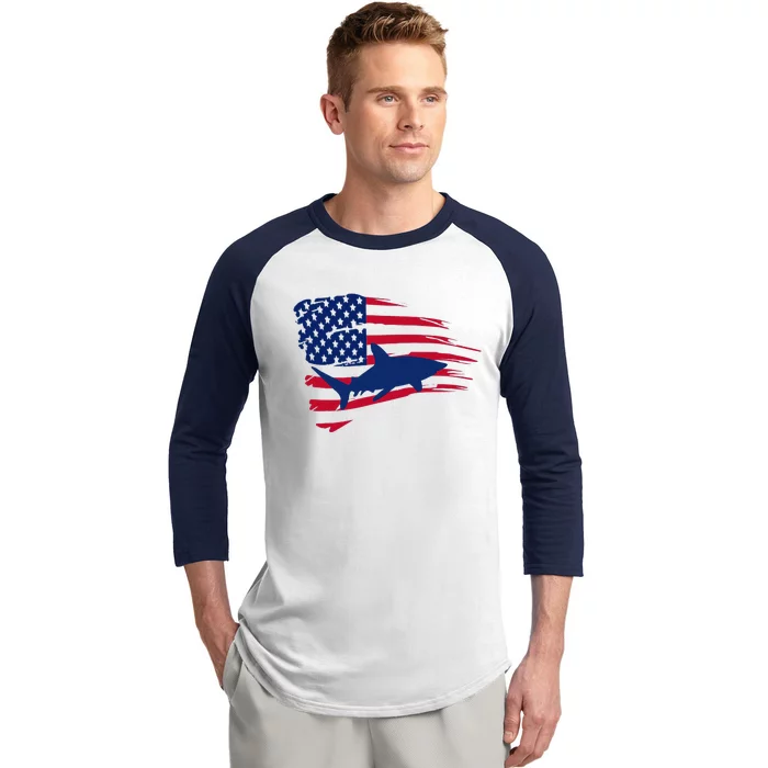 Shark American Flag Saltwater Fishing Deep Sea Fish Trip USA Baseball Sleeve Shirt