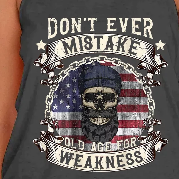 Skull American Flag Dont Ever Mistake Old Age For Weakness Women's Knotted Racerback Tank