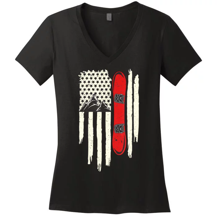 Snowboard American Flag Winter Sports Alpine Snowboarding TShirt Women's V-Neck T-Shirt