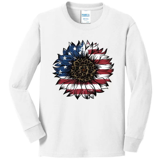 Sunflower American Flag Floral Kids Long Sleeve Shirt