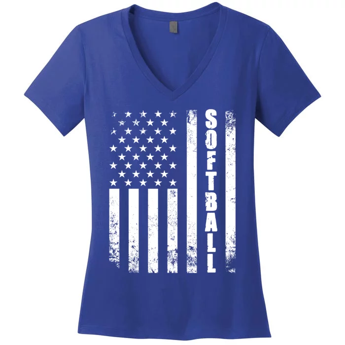 Softball American Flag Usa Sport Patriotic Softball Player Great Gift Women's V-Neck T-Shirt