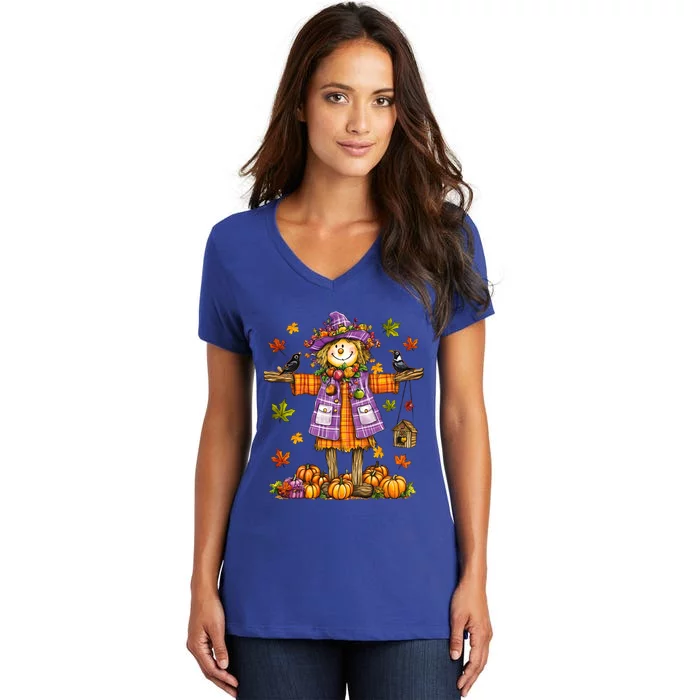 Scarecrow Autumn Fall Season Pumpkin Thanksgiving Halloween Gift Women's V-Neck T-Shirt