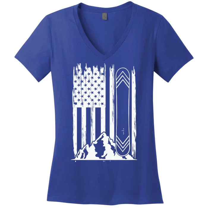 Snowboarding American Flag Women's V-Neck T-Shirt