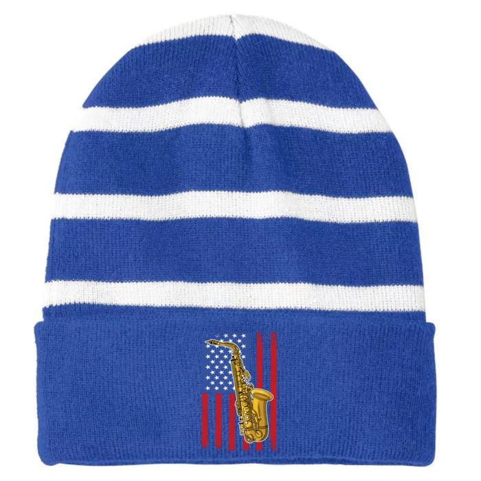 Saxophone American Flag 4th Of July Musical Instrut Cool Gift Striped Beanie with Solid Band