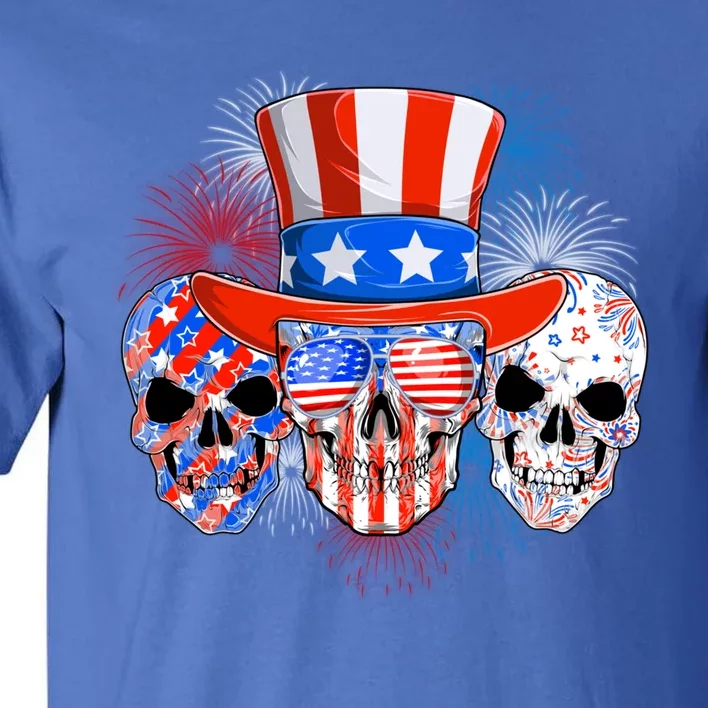 Skull American Flag 4th Of July Patriotic Usa Funny Great Gift Tall T-Shirt