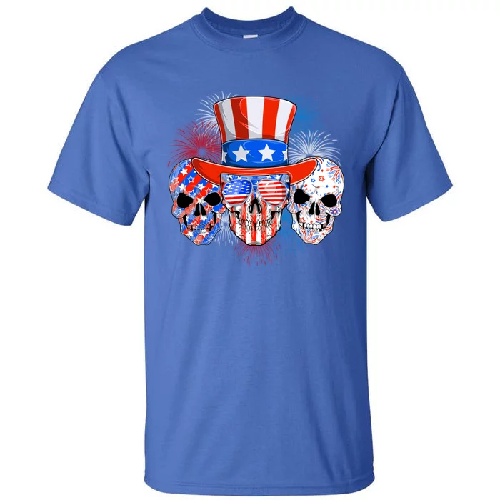 Skull American Flag 4th Of July Patriotic Usa Funny Great Gift Tall T-Shirt