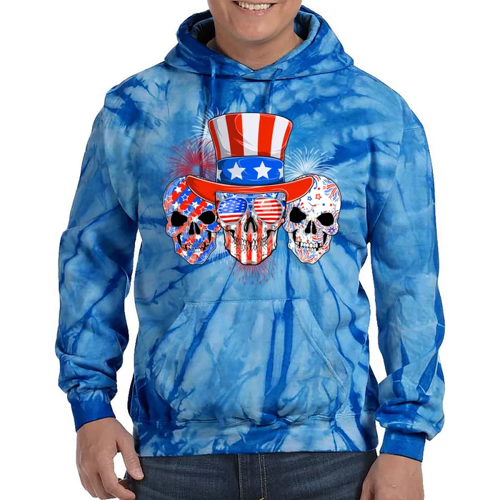 Skull American Flag 4th Of July Patriotic Usa Funny Great Gift Tie Dye Hoodie