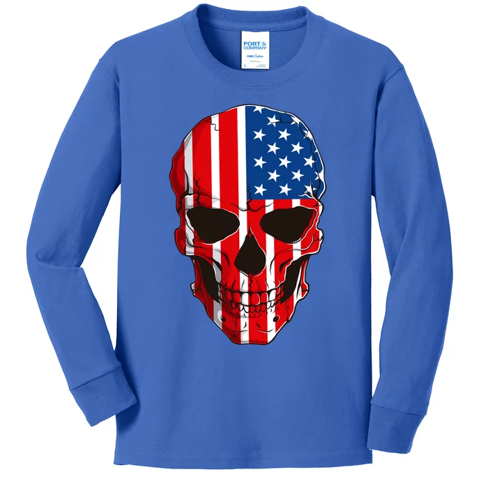 Skull American Flag 4th Of July Usa Patriotic Merica Skull Cool Gift Kids Long Sleeve Shirt