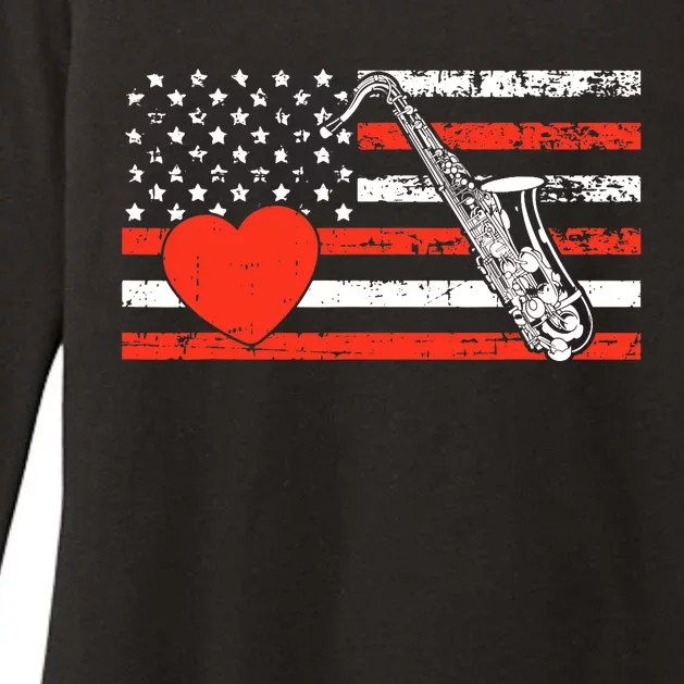 Saxophone American Flag Heart Valentines Day Cool Musician Womens CVC Long Sleeve Shirt