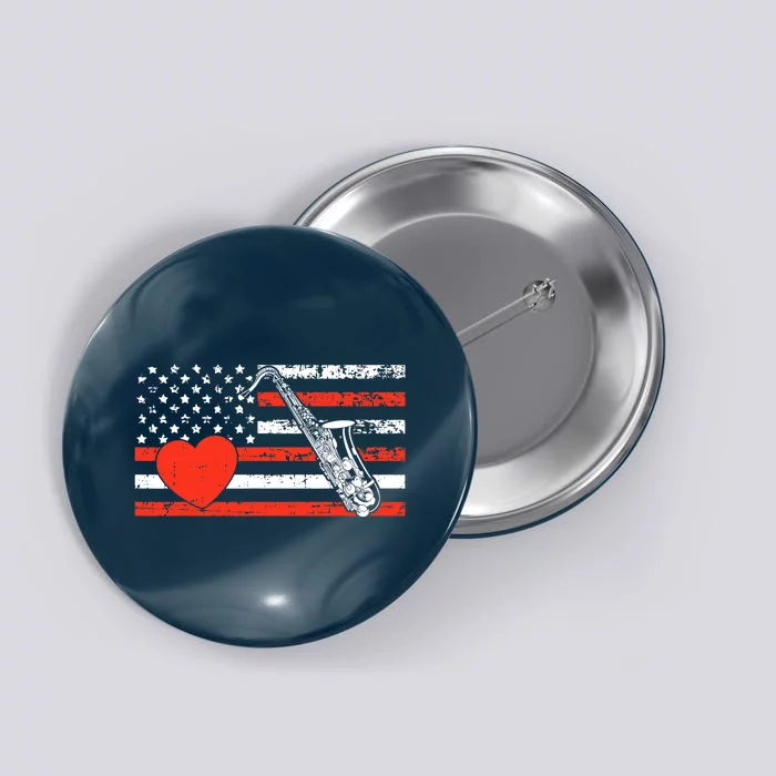 Saxophone American Flag Heart Valentines Day Cool Musician Button