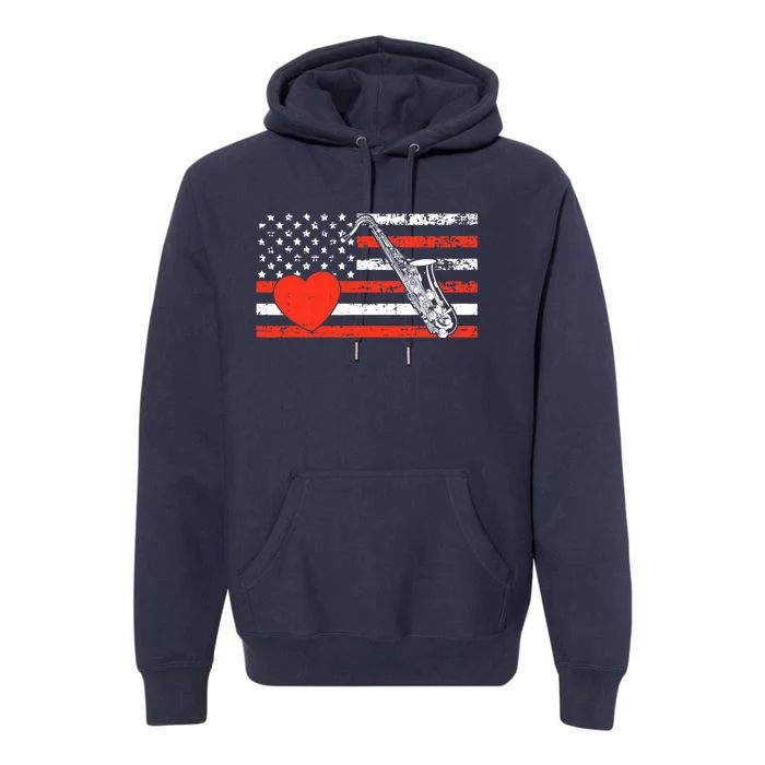 Saxophone American Flag Heart Valentines Day Cool Musician Premium Hoodie