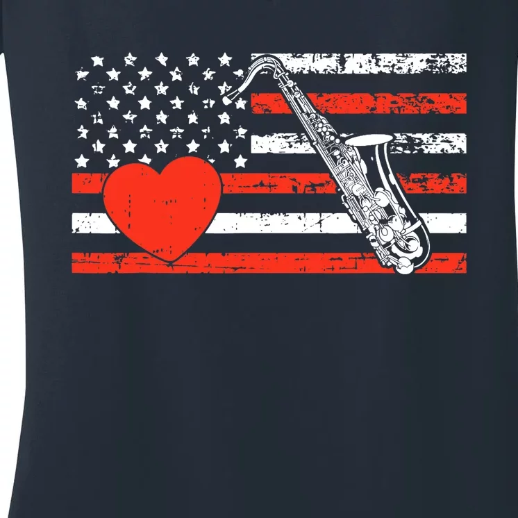 Saxophone American Flag Heart Valentines Day Cool Musician Women's V-Neck T-Shirt