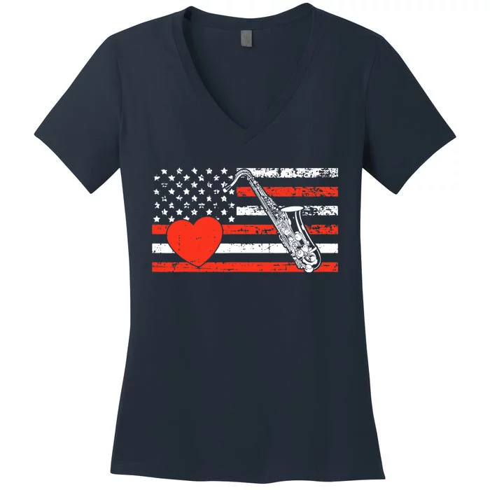 Saxophone American Flag Heart Valentines Day Cool Musician Women's V-Neck T-Shirt