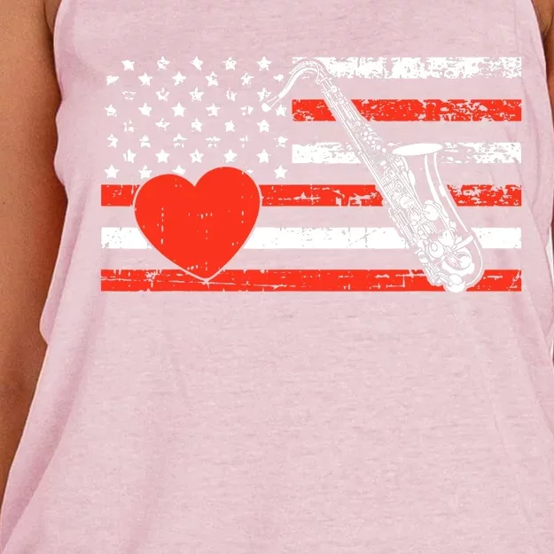 Saxophone American Flag Heart Valentines Day Cool Musician Women's Knotted Racerback Tank