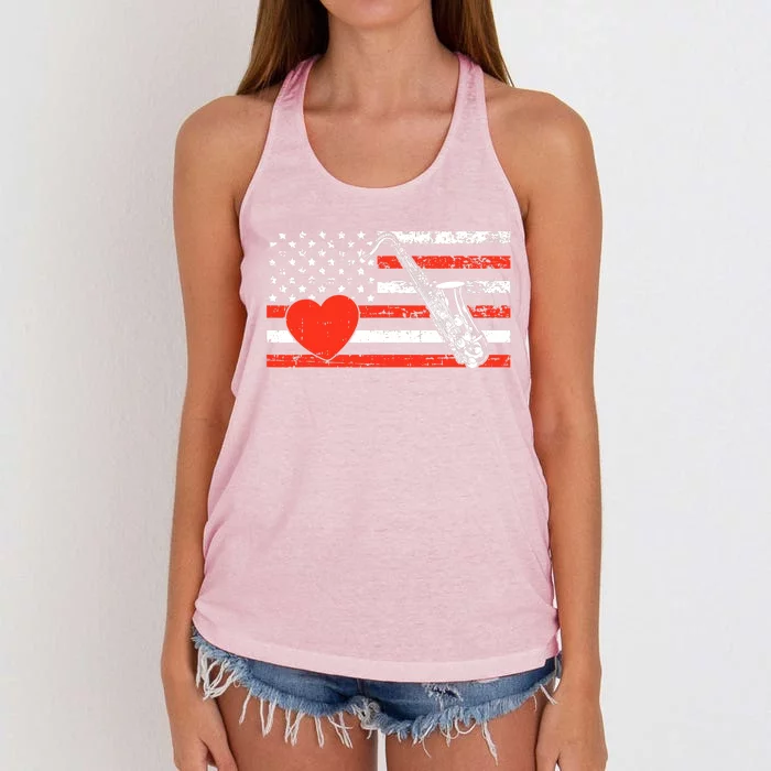 Saxophone American Flag Heart Valentines Day Cool Musician Women's Knotted Racerback Tank