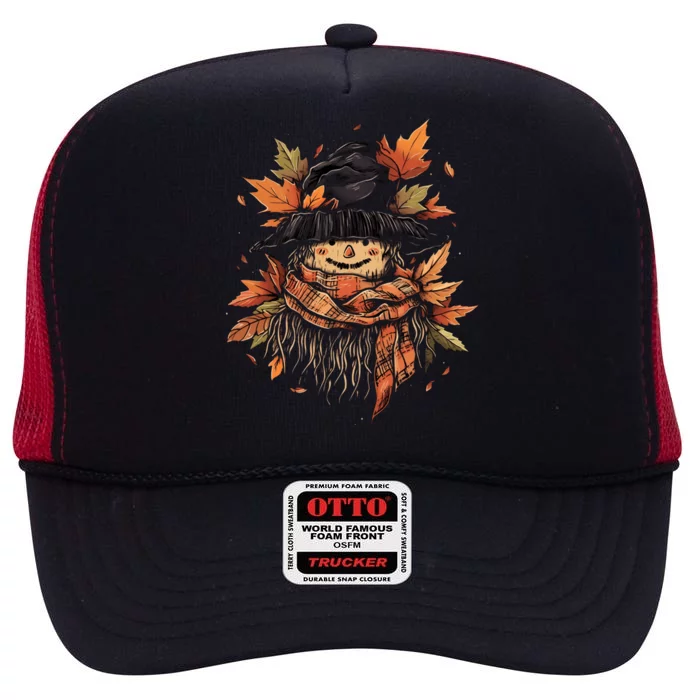 Scarecrow Autumn Fall Leaves Thanksgiving Halloween High Crown Mesh Trucker Hat