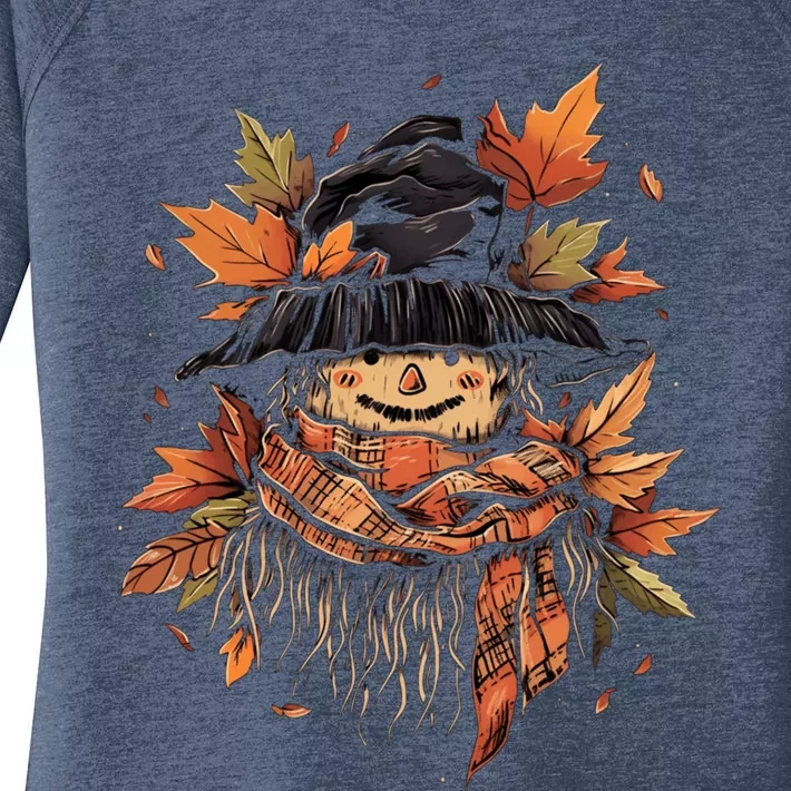 Scarecrow Autumn Fall Leaves Thanksgiving Halloween Women's Perfect Tri Tunic Long Sleeve Shirt