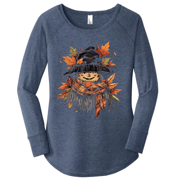 Scarecrow Autumn Fall Leaves Thanksgiving Halloween Women's Perfect Tri Tunic Long Sleeve Shirt