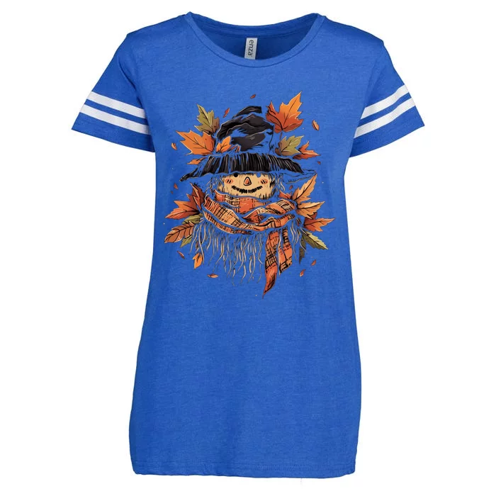 Scarecrow Autumn Fall Leaves Thanksgiving Halloween Enza Ladies Jersey Football T-Shirt