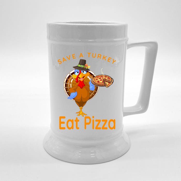 Save A Funny Turkey Pilgrim Eat Pizza Adult Vegan Gift Front & Back Beer Stein