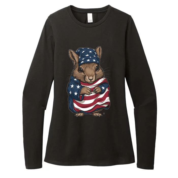 Squirrel American Flag USA Tee 4th July Gifts Graphic Tees Womens CVC Long Sleeve Shirt